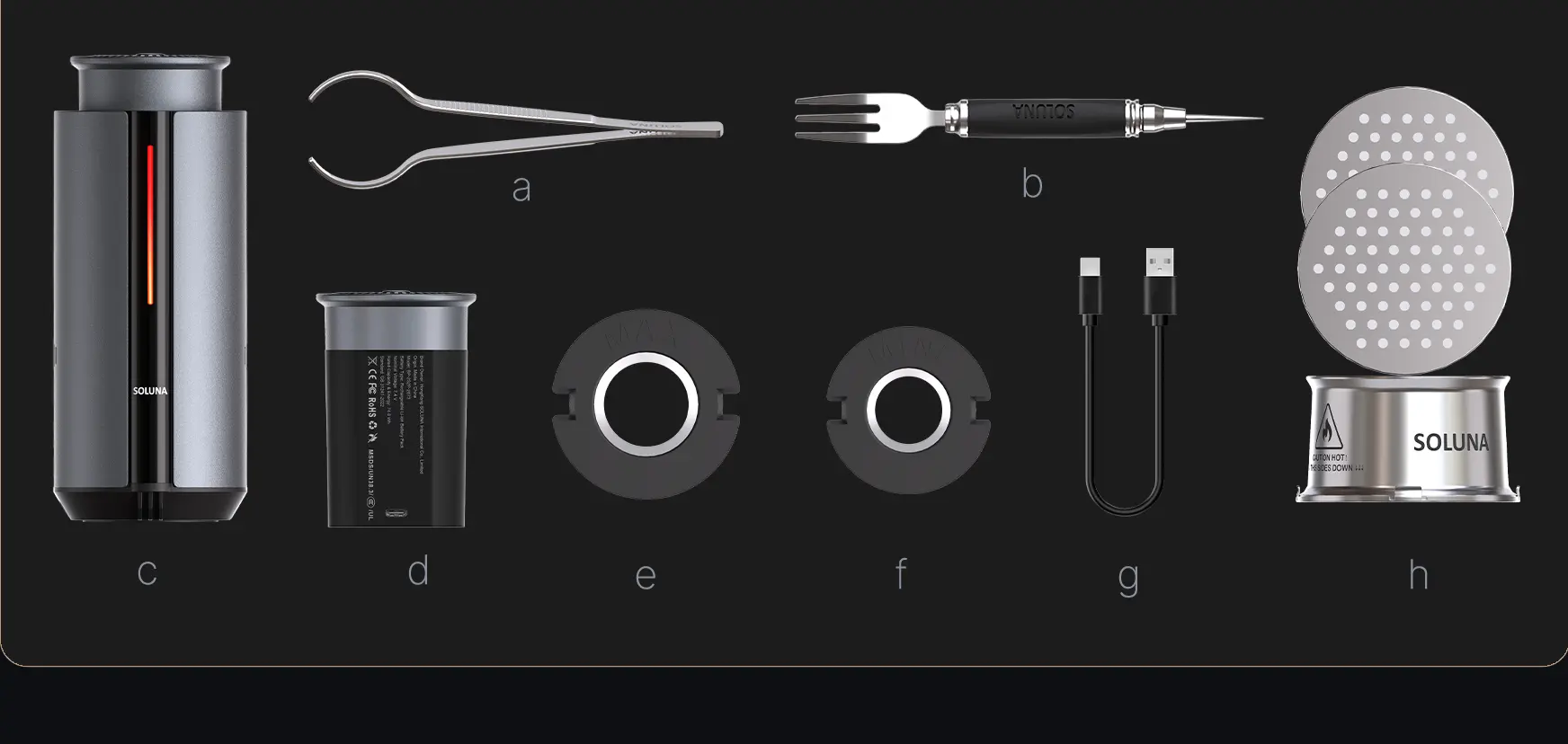 Комплектація Soluna X1: щипці, вилка, кабель USB-C, силіконові адаптери Mini та Max, сталеві чаші
